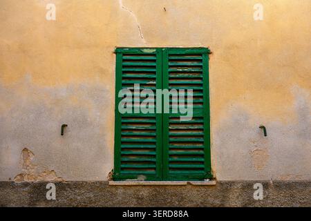 Grüne Fensterläden auf Mallorca Stockfoto