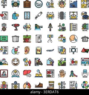 Große Sammlung verschiedener Liniensymbole, die verschiedene Konzepte wie Industrie, Logistik, Unternehmen, Technologie, Kommunikation, und Healthcar Stock Vektor