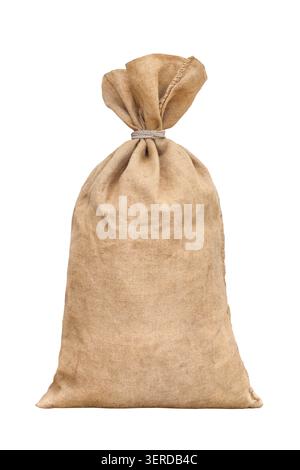 Große klassische Sacklappentasche isoliert auf weißem Hintergrund. Eine geknüpfte Tasche aus grobem Stoff. Stockfoto