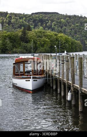 Blick auf ein klassisches hölzernes Tourboot, das an einem Holzpier am Lake Windermere mit einer Möwe auf einem Pfosten und üppigen grünen Hügeln im Hintergrund Winderme verankert ist Stockfoto