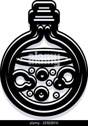 Zaubertränkflasche mit einem Korkstopfen, der eine sprudelnde Flüssigkeit enthält, symbolisiert Alchemie, Fantasie und geheimnisvolle Gebräche, die in einer auffälligen Darstellung dargestellt werden Stock Vektor