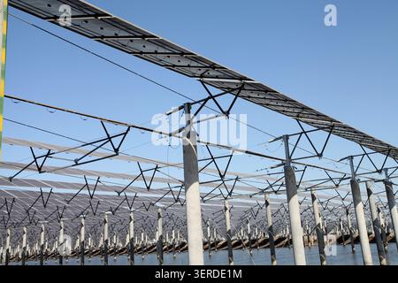 Bei klarem blauem Himmel sind die Betonsäulen und Solarpaneele des Photovoltaik-Kraftwerks klar dargestellt und zeigen die industria Stockfoto