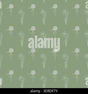 Nahtloses Blumenmuster mit abwechselnden Narzissen- und allium-Linienzeichnungen auf gedämpftem grünem Hintergrund, minimalistisches botanisches Design für Tapeten Stockfoto