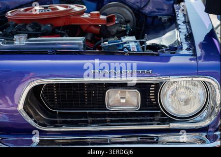 Nahaufnahme des Kühlergrills, des verchromten Scheinwerfers und des offenen Motorraums mit einem roten Luftfilterreiniger eines klassischen violetten Plymouth Barracuda Muscle Car. Stockfoto