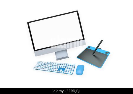 Digitaler Arbeitsplatz mit Monitor, Tastatur, Maus und Tablet, isoliert auf weißem Hintergrund, Konzept der Kreativität Stockfoto