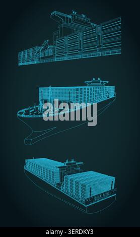 Frachtcontainer Schiff technische Zeichnung Blaudruck Vektor Set: Stilisierte Vektor Illustration für Logistik, Transport und Seeverkehr Industrie Stock Vektor