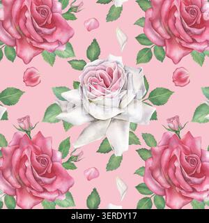 Nahtloses Blumenmuster mit weißen und rosa Rosen und grünen Blättern. Handgezeichnete Illustration auf rosa Hintergrund. Für Stoffe und Textilien. Stockfoto