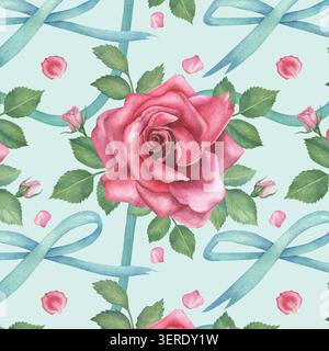 Nahtloses Blumenmuster in Aquarellfarben mit rosa Rosen und grünen Blättern, blauer Schleife und Schleife. Handgezeichnetes Design auf blauem Hintergrund. Für Stoffe und Stockfoto