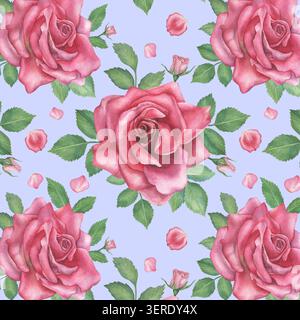 Nahtloses Muster mit Blumen und Blättern. Handgezeichnetes Design auf farbigem Hintergrund. Für Stoffe und Textilien. Stockfoto
