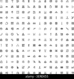 Große Sammlung von verschiedenen einfarbigen Piktogrammen für Alltagsgegenstände, Geschäftsideen, Technologie, Reisen und Essen, ideal für Infografiken Stock Vektor