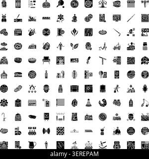 Große Sammlung von verschiedenen monochromen Glyphen-Symbolen, die verschiedene Unternehmen, Technologien, Gesundheit, Daten, Lebensmittel, und abstrakte Konzepte, die für inf nützlich sind Stock Vektor