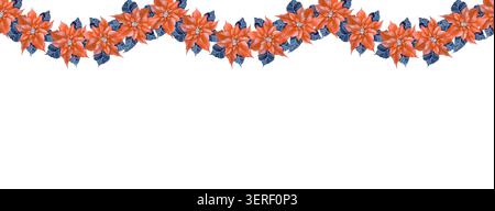 Handgezeichneter nahtloser Rand mit einer festlichen Girlande aus roten Weihnachtsstern und dunkelblauen Blättern. Elegantes horizontales Winterdesign Stockfoto