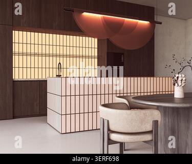 Holz-Esstisch und Stühle in einem minimalistischen modernen Kücheninterieur Stockfoto