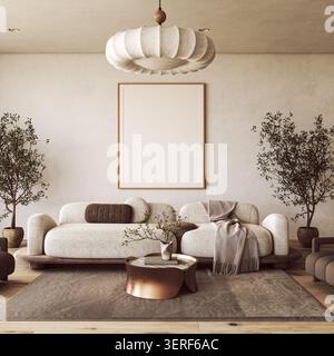 Gekrümmtes Sofa in skandinavischem Japandi-Minimalismus-Wohnzimmer-Mockup-Vorlage mit leerem Bilderrahmen Stockfoto