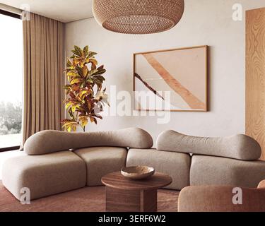 Geschwungenes Sofa in Boho skandinavischer Minimalismus Wohnzimmer Mockup Vorlage mit Bilderrahmen Stockfoto