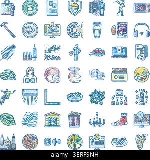 Vielfältige Sammlung von handgezeichneten Scribble-Ikonen, die alltägliche Szenen, Geschäftskonzepte, Technologie, Gesundheitswesen und verschiedene verschiedene verschiedene verschiedene Arten darstellen Stock Vektor