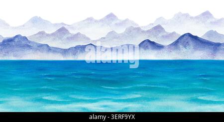 Handgezeichnete rechteckige Panorama-Illustration in Aquarellfarben mit einem nahtlosen, sich wiederholenden Küstendesign mit progressiven Schichten von entferntem Nebel Stockfoto