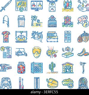 Handgezeichnete Kollektion mit Doodle-Ikonen, die viele verschiedene Objekte, Werkzeuge, Tiere, Lebensmittel und abstrakte Konzepte in einem lebendigen kunstwerk darstellen Stock Vektor