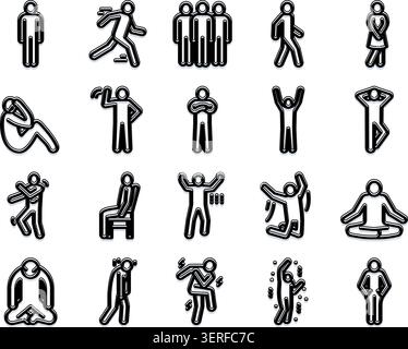 Sammlung von Stabfiguren, die verschiedene menschliche Posen, Handlungen und Emotionen wie Gehen, Laufen, Sitzen, Feiern, Meditieren, Stock Vektor