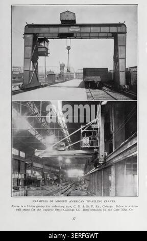 Portalkran zum Entladen von Schienenfahrzeugen für C. M. und St. P. Ry. In Chicago und einem Wandkran, der Materialien in der Buckeye Steel Castings Co., beide installiert von Case MFG. Co. Aus den Waren HEBEEINRICHTUNGEN ZUM HANTIEREN VON MATERIALIEN. Von T. Kennard Thomson. Vom Engineering Magazine gewidmet dem industriellen Fortschritt Band XXXV April - September 1908 The Engineering Magazine Co. Stockfoto