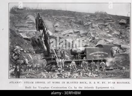 Atlantische Dampfschaufel und Crew von Vaughan Construction Co. Sie arbeiten in einem Steinbruch in der Nähe von Roanoke, Virginia, bei dem sie industrielle Ausgrabungen aus dem frühen 20. Jahrhundert demonstrieren. Aus den Waren HEBEEINRICHTUNGEN ZUM HANTIEREN VON MATERIALIEN. Von T. Kennard Thomson. TEIL III: SCHAUFELN, BAGGER UND SPEZIALENTLADER. Vom Engineering Magazine gewidmet dem industriellen Fortschritt Band XXXV April - September 1908 The Engineering Magazine Co. Stockfoto
