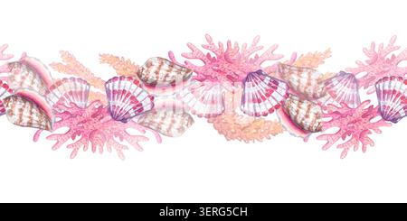 Nahtloses Muster in Wasserfarben mit rosa Korallenriff und Muscheln. Handgezeichnete Meeresillustration isoliert auf grafischem Designelement. Be Stockfoto