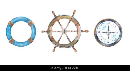 Nautisches Meeresaquarell Set mit Rettungsruder, Lenkrad und Kompass. Isolierte handgezeichnete Illustrationselemente. Klassische Detailkollektion f Stockfoto