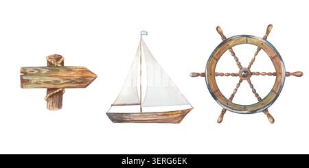 Maritimes Aquarell mit minimalistischem Holzsegelboot, rustikalem Pfeilschild und authentischem Steuerrad. Isolierte handgezeichnete Illustraten Stockfoto