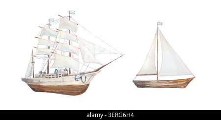 Klassisches Segelschiff aus Holz mit detailliertem Fregattschiff und minimalistischem Yachtboot. Isolierte handgezeichnete Aquarellelemente. Retro d Stockfoto