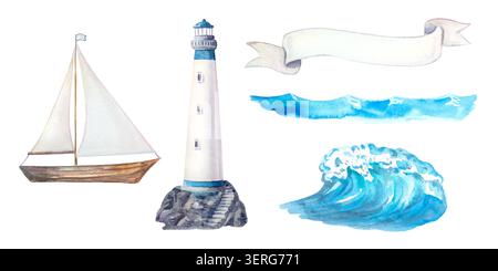 Wunderschönes maritimes Aquarell mit minimalistischem Holzsegelboot, detailliertem Leuchtturm, anmutigem leerem Bändchen und blauen Meereswellen. Isolat Stockfoto