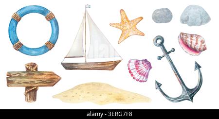 Nautische Meeresaquarellkollektion mit minimalistischen Segelbooten, detaillierten Muschelpaaren, blauen Rettungsankern, rustikalem Holzschild, Sandinsel Stockfoto