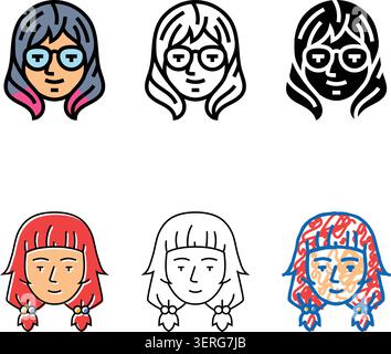 Otaku Frau Avatar Farbe Symbol Multistyle Vektor. Avatarzeichen für Otaku-Frauen. Isoliertes Symbol Stock Vektor