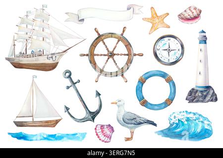 Große nautische Aquarellkollektion mit klassischem Fregattschiff, minimalistischem Segelboot, detailliertem Leuchtturm-Helm-Kompass, Vintage-Anker-Rettungsschirm Stockfoto