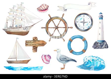Die ultimative Kollektion von maritimen Wasserfarben mit klassischem Fregattschiff, minimalistischem Segelboot, detailliertem Leuchtturm-Helm-Kompass, Vintage-Ankerlifebuoy Stockfoto