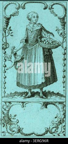 Cook arbeitet 1756 in Straßburg im Rahmen einer Hausküchendienstfunktion, die in einer Gravur-Kostümstudie gezeigt wird, und veranschaulicht kulinarische Arbeit, Haushaltsorganisation und Frauenbeschäftigung im elsässischen städtischen Wohnleben und in der Lebensmittelzubereitung des 18. Jahrhunderts. Stockfoto