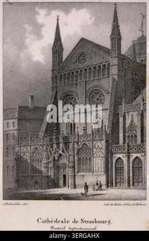 Das nördliche Portal des Straßburger Doms wird als detaillierter architektonischer Blick präsentiert, der skulpturale Steinmetzarbeiten und strukturelle Gestaltung in einer 1839 illustrierten Studie der Domfassade betont Stockfoto