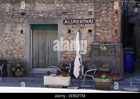Eingang zum traditionellen Alimentari Nucera Lebensmittelgeschäft mit Blumen und Sonnenschirm im historischen Dorf Bova, Aspromonte Nationalpark Stockfoto