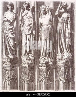 Ein Gravur aus dem Jahr 1876 zeigt das Nordportal der Hauptfassade des Straßburger Doms und dokumentiert die skulpturalen Details und die architektonische Struktur des gotischen Eingangs innerhalb des Außendesigns des Doms. Stockfoto