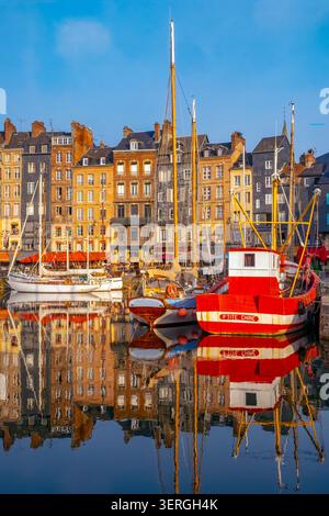 Honfleur port/Hafen im warmen Morgenlicht, Honfleur, Calvados, Basse-Normandie, Frankreich, Europa Stockfoto