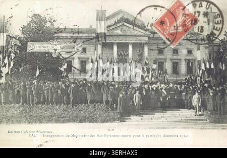 Ein Pressefoto dokumentiert die Einweihung des Denkmals für die Bas-Pyrénéens, die am 15. Dezember 1912 in Pau für die Heimat gestorben sind. Stockfoto