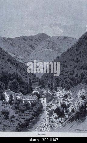 Ein Pressefoto zeigt eine Gesamtaufnahme von Soultzmatt im Elsass, die 1891 von J. Weber erstellt wurde und das Siedlungsbild und die umgebende Landschaft im Zusammenhang mit der regionalen Dorfdokumentation im Oberrheingebiet erfasst. Stockfoto