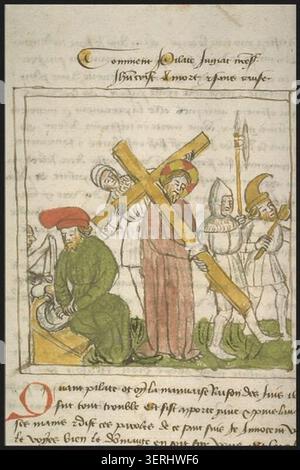 Der biblische Erzählschnitt zeigt Pontius Pilatus, der seine Hände beim Gericht wäscht, während Christus das Kreuz unter der Bewachung von Soldaten trägt, die Teil der Passionssequenz sind, die Trial-, Leiden- und Hinrichtungsszenen in einem einzigen Kompositionszyklus verbindet Stockfoto