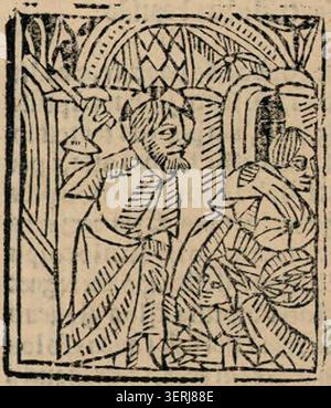 Die Gravur zeigt Christus, der Kaufleute mit einer Peitsche aus dem Tempel vertreibt, während Figuren verstreut und Waren in einem dramatischen heiligen Innenraum umgeworfen werden, der den Konflikt zwischen Handel und Anbetung zum Ausdruck bringt. Stockfoto
