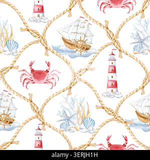 Nahtloses Aquarellmuster mit nautischen Elementen, Schiffen, Leuchttürmen, Krabben und Muscheln im Seilrahmen. Handgezeichneter Sommer-Marine-Hintergrund Stockfoto