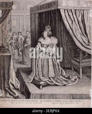 Die Gravur zeigt Marie de Medici im formalen königlichen Porträtformat, das typisch für die europäische Hofdruckkultur des frühen 17. Jahrhunderts ist, und unterstreicht ihren Status innerhalb der französischen Monarchie und Medici-Linie. Nicolaus Van der Horst komponiert eine prächtige Darstellung, die dynastische Autorität und queenhafte Identität in der visuellen Tradition des Barocks verstärkt. Stockfoto