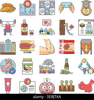 Vielfältige Sammlung von Liniensymbolen, die verschiedene Gesundheit, Lebensstil, Soziales, Bildung, Business, und Umweltkonzepte, die das moderne darstellen Stock Vektor