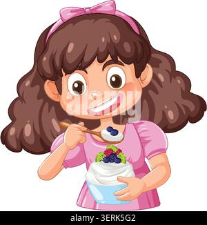 Karikaturmädchen in rosa Kleid, das Joghurt mit Beeren und Kiwi isst, helle Vektor-Illustration Stock Vektor