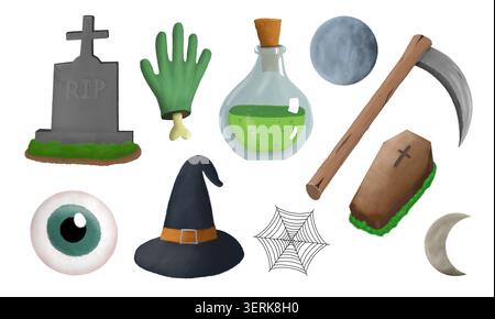 Sammlung gruseliger handgezeichneter Halloween-Ikonen mit Grabstein-Trank-Sense und Sarg Stockfoto