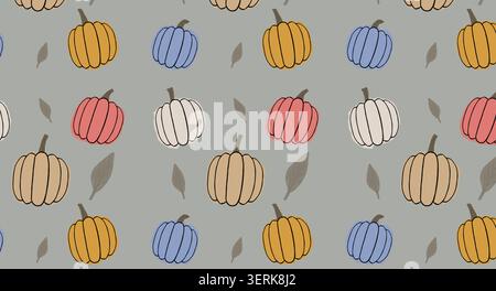 Nahtloses Muster der Herbsternte mit bunten Kürbissen und Herbstblättern auf grauem Hintergrund Stockfoto