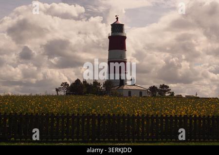 Ein Blick auf den Leuchtturm in Happisburgh, Norfolk, England Großbritannien mit seinen weißen und roten Streifen vor einem bewölkten Himmel Stockfoto